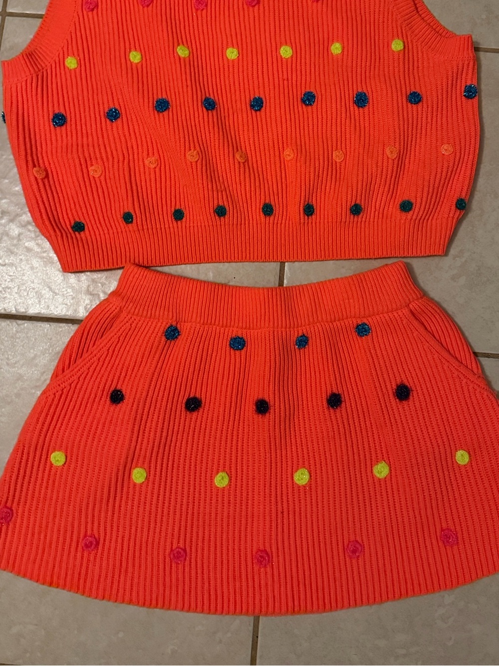 Queen of Sparkles Neon Orange Knit Mini Skirt with Multicolor Dot Embellishment